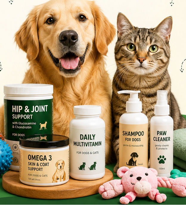 A promotional collage for a pet care bundle under the Happy Pets Healthy Life brand, featuring a golden retriever and a cat with several pet products arranged in front: supplement bottles, a shampoo bottle, a pain cleaner spray, a ball, toys, and grooming towels on a wooden tray against a light green background with text callouts.